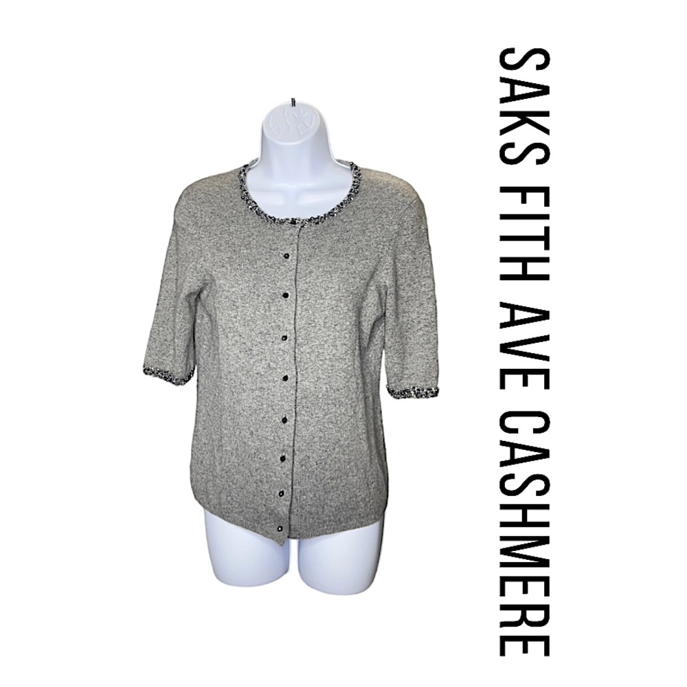 Saks Fifth Ave Heathered Gray Button Down Cashmere Sweater Size S EUC!